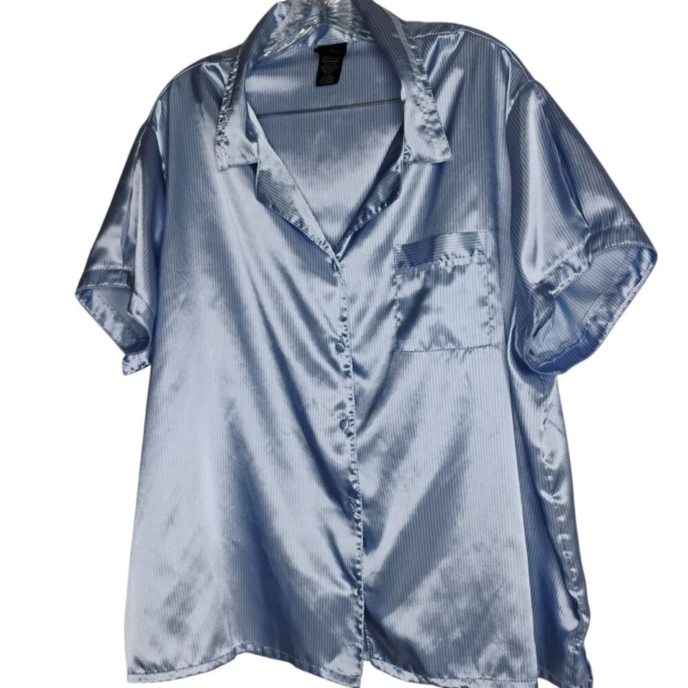 Secret Treasures Pajamas Blue Stripe Satin Button Up Collar Crop Wide Pants 2X - Picture 3 of 12